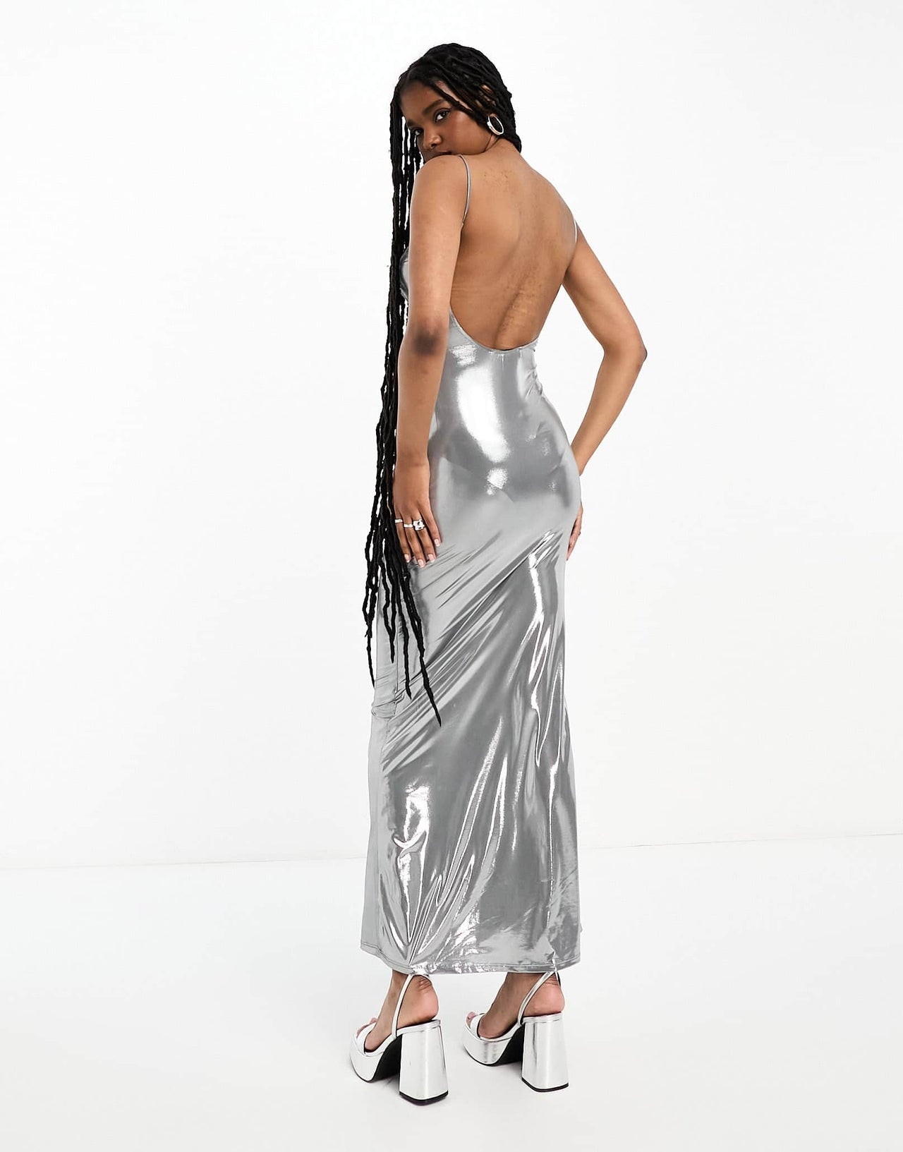 Bershka metallic bodycon maxi dress in metallic silver