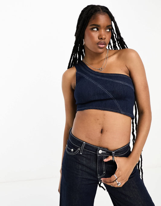 Bershka one shoulder denim top in light blue
