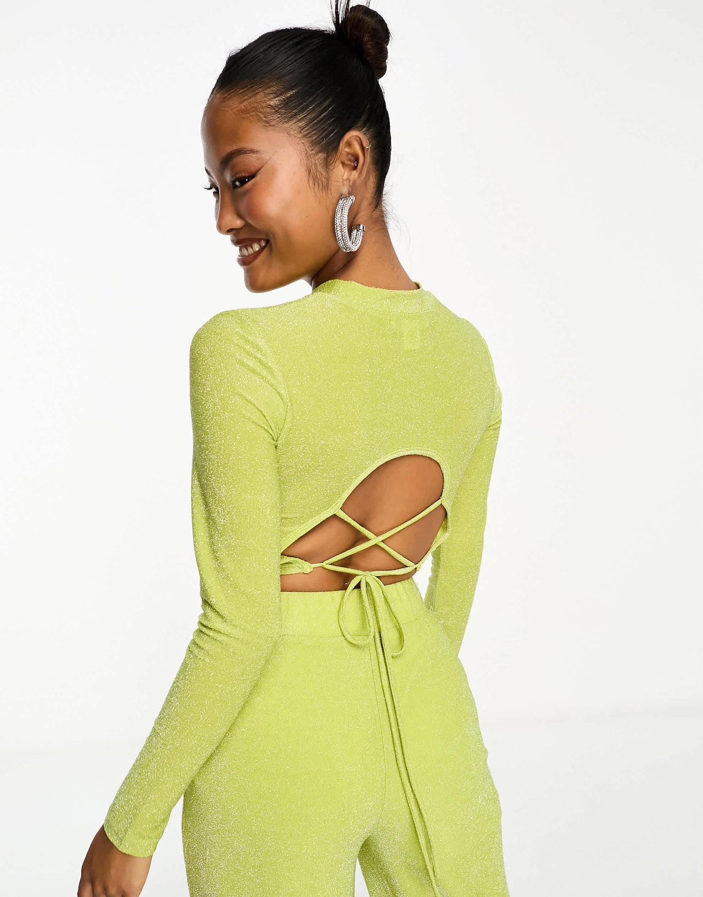 Collective the Label Petite open back metallic knit top co-ord in olive