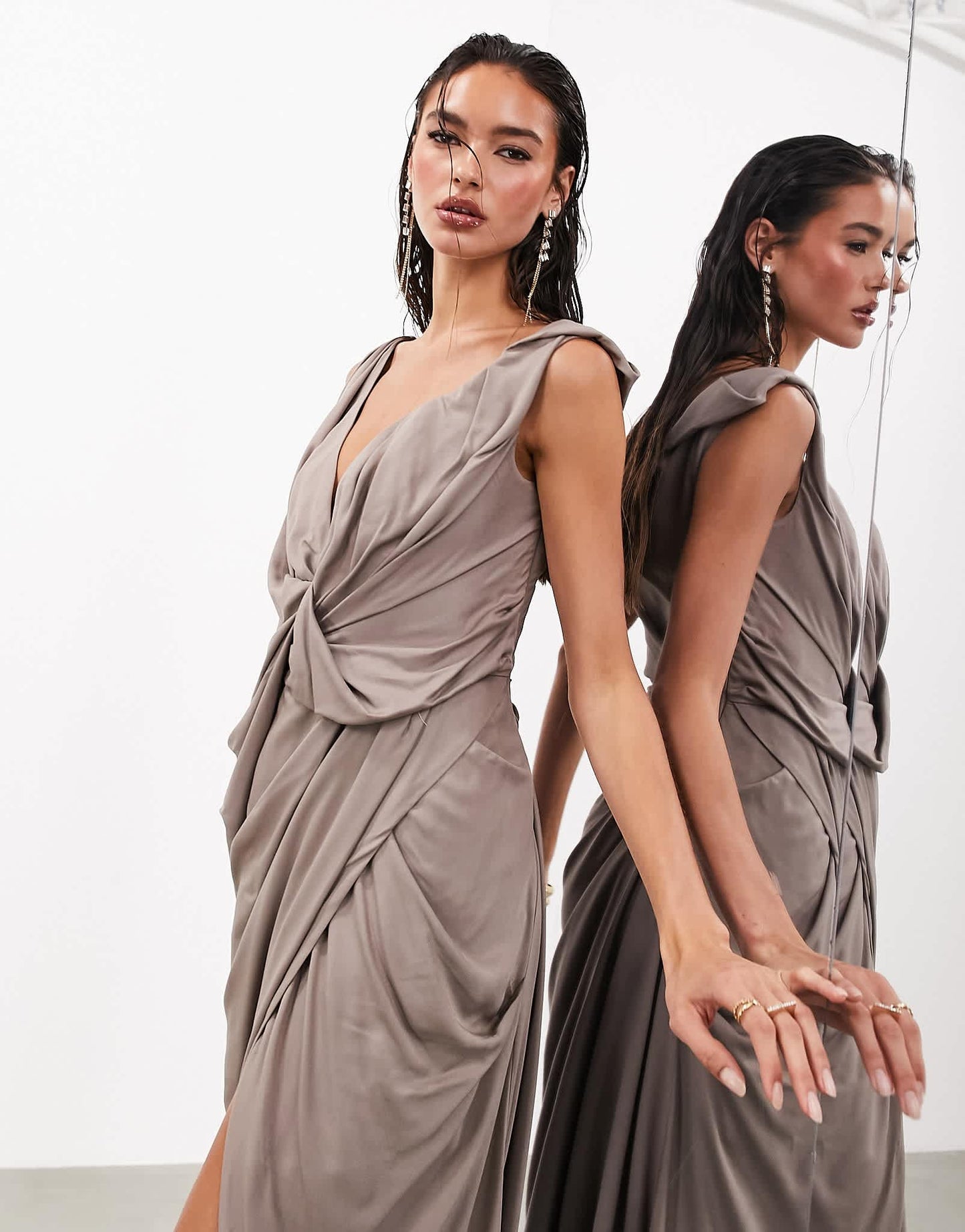 ASOS EDITION sleeveless draped off shoulder maxi dress in taupe