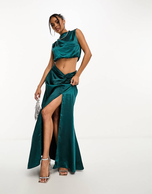 In The Style exclusive satin twist front maxi skirt co-ord in teal