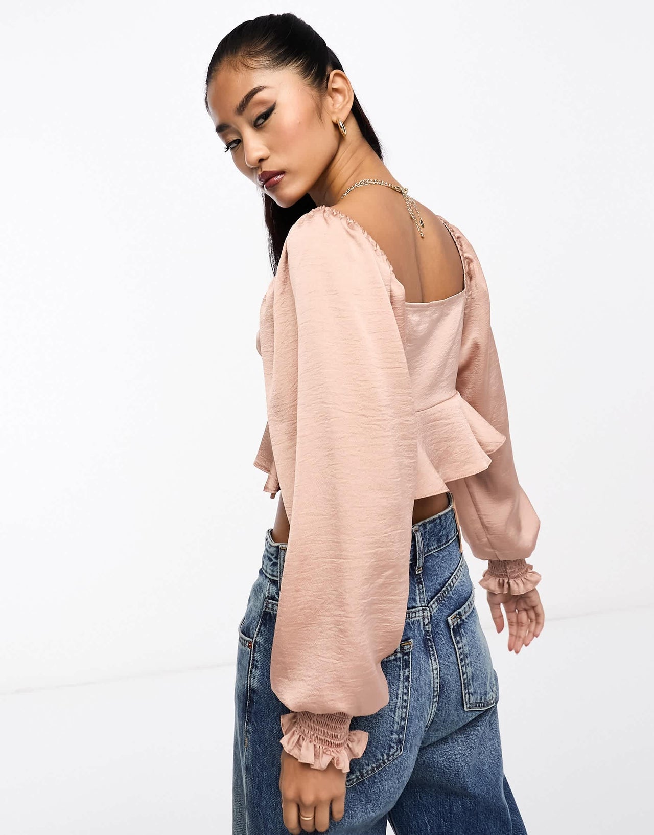 Miss Selfridge tie front satin tea blouse in blush