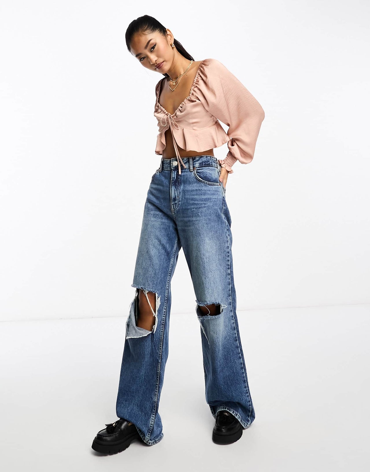 Miss Selfridge tie front satin tea blouse in blush