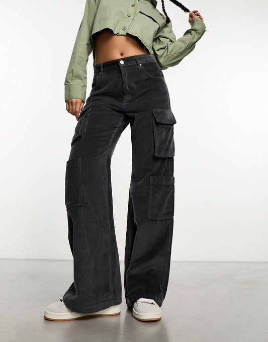 Cotton On corduroy cargo wide leg jean in dark ash