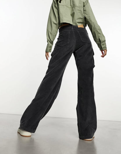 Cotton On corduroy cargo wide leg jean in dark ash