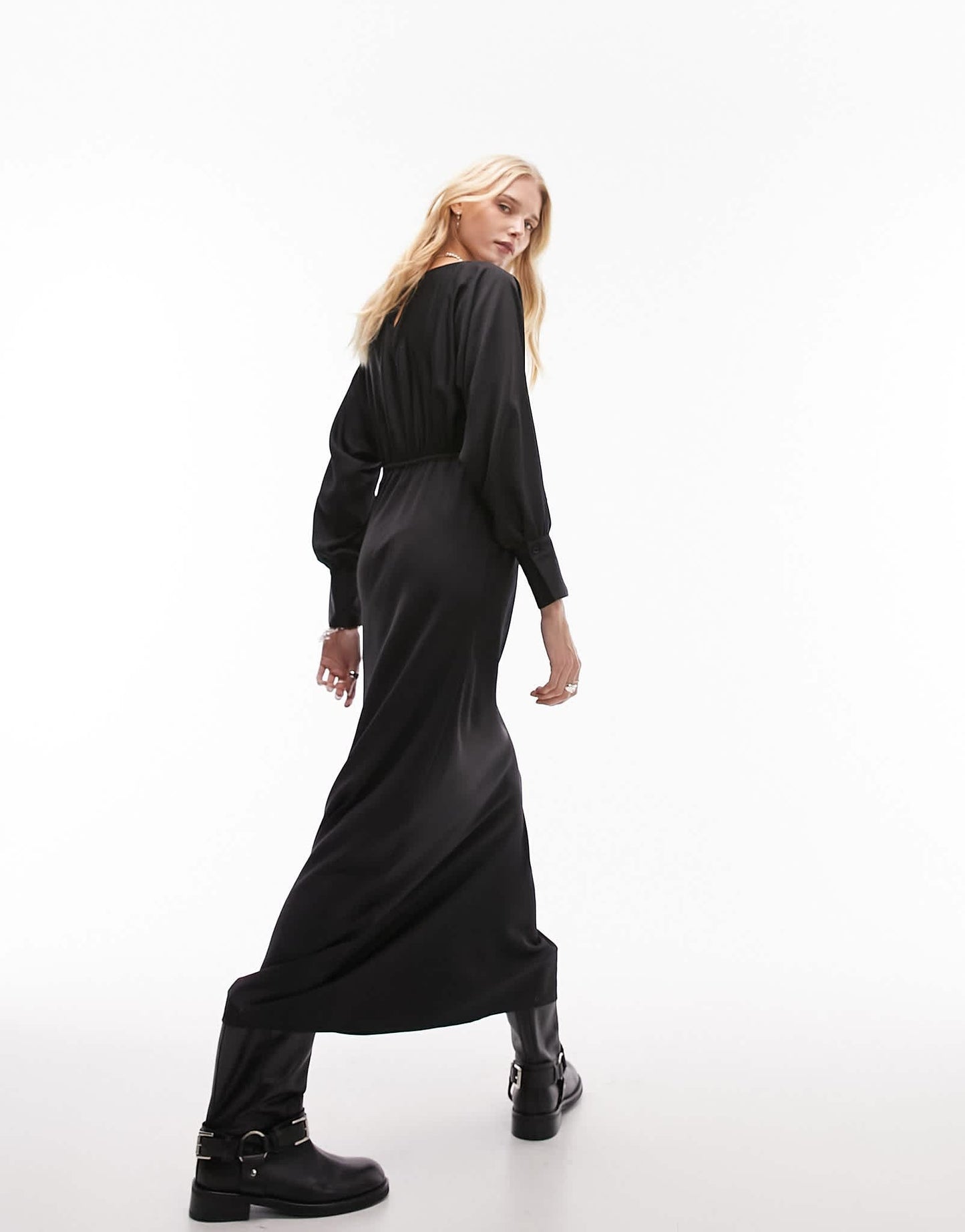 Topshop ruched front long sleeve printed midi dress in black