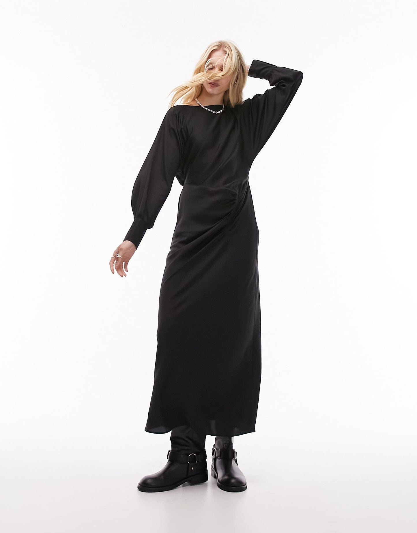 Topshop ruched front long sleeve printed midi dress in black