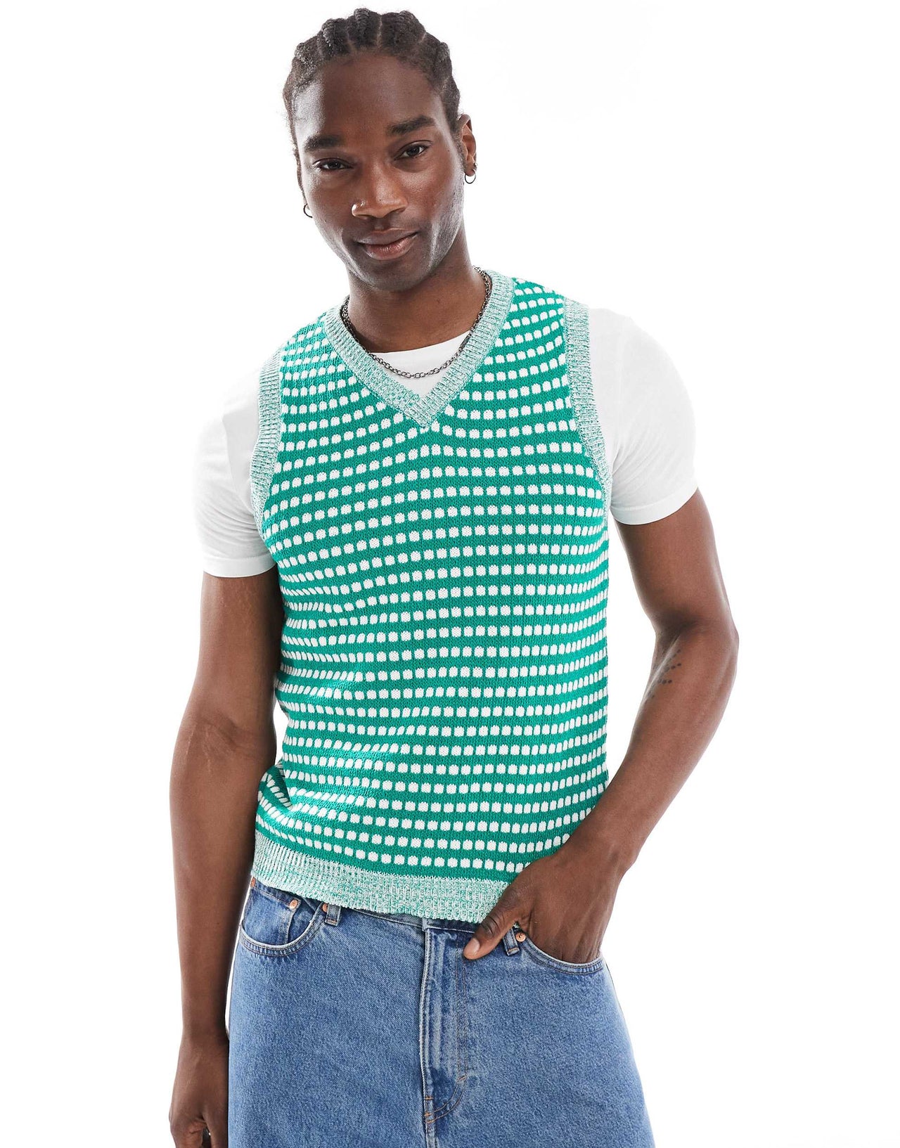 ASOS DESIGN knitted tank with contrast texture stitch in green