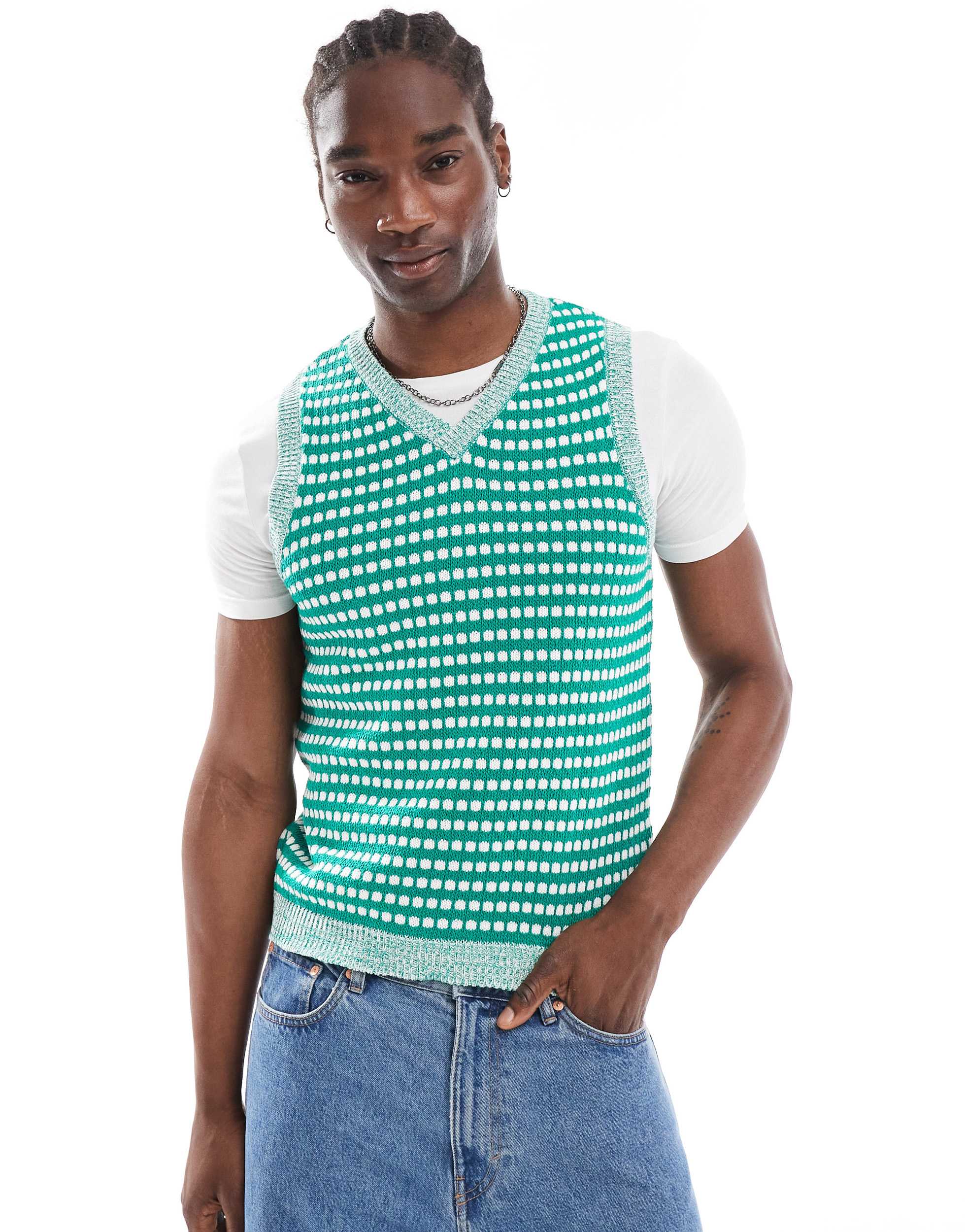 ASOS DESIGN knitted tank with contrast texture stitch in green