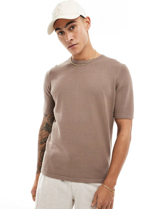 ASOS DESIGN midweight knitted cotton t-shirt in brown