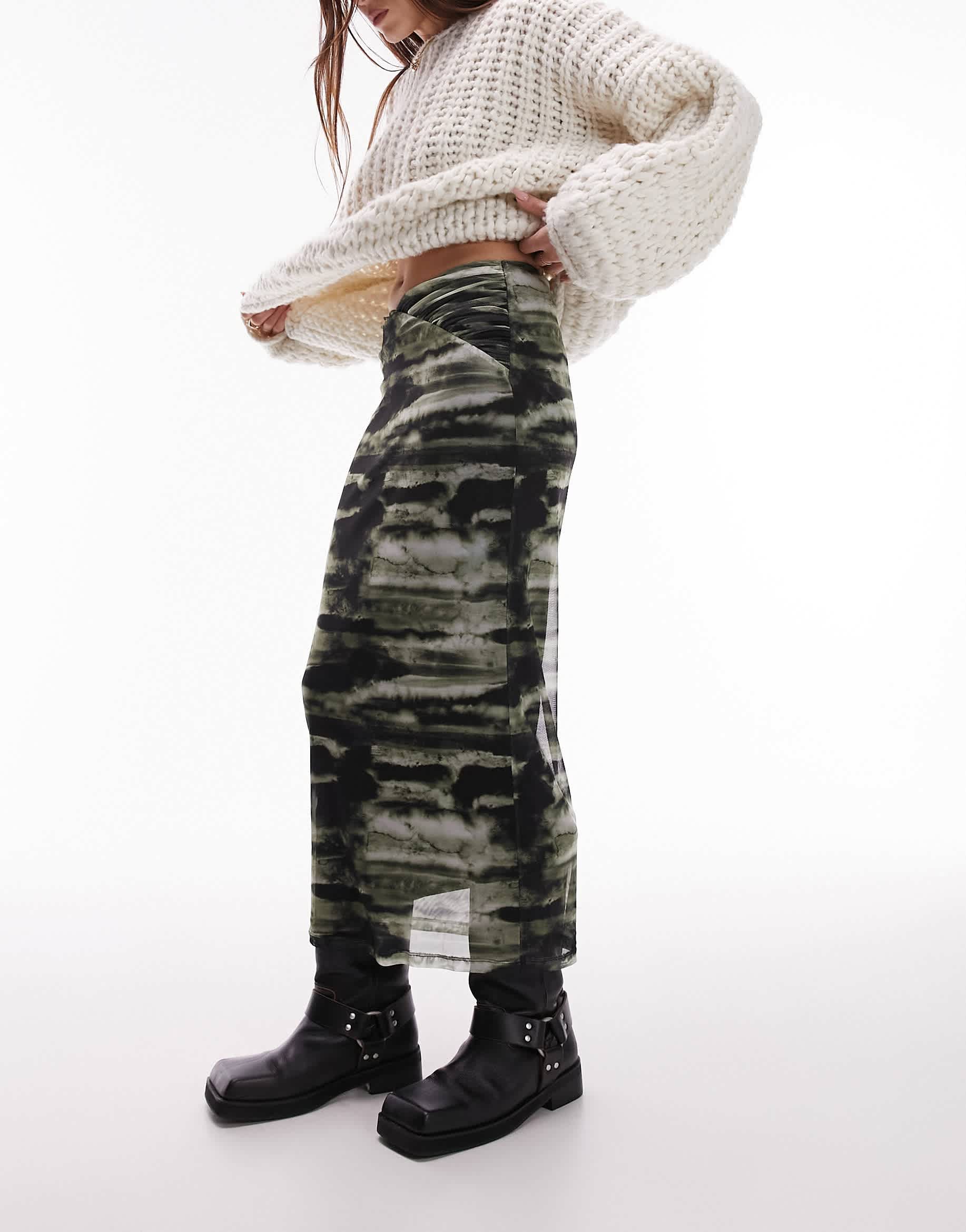 Topshop ruched waist skirt in blurred print