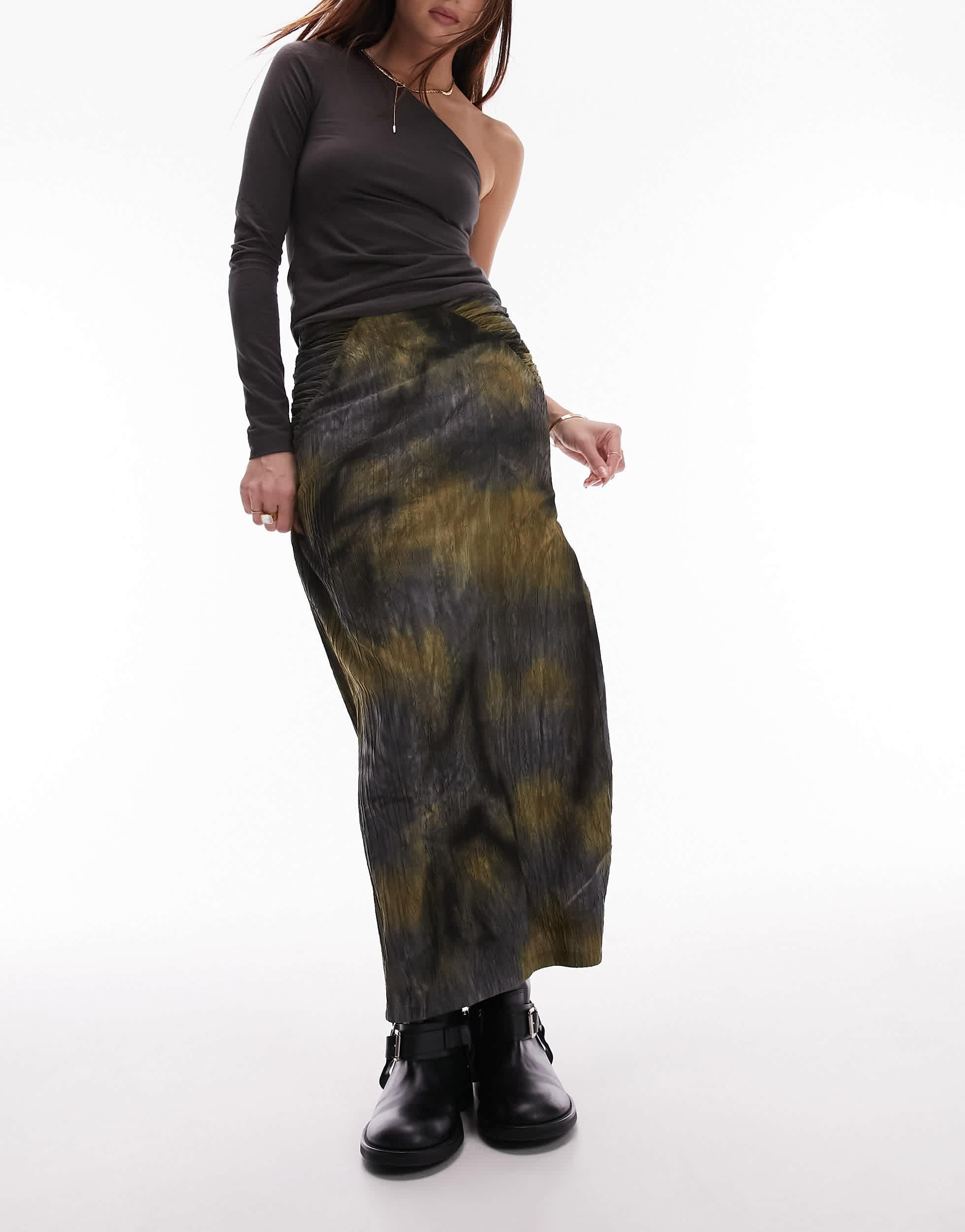 Topshop midi skirt in jersery textured with split front in blurred khaki print