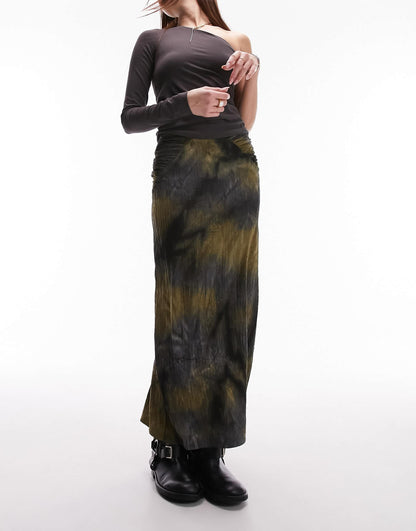 Topshop midi skirt in jersery textured with split front in blurred khaki print