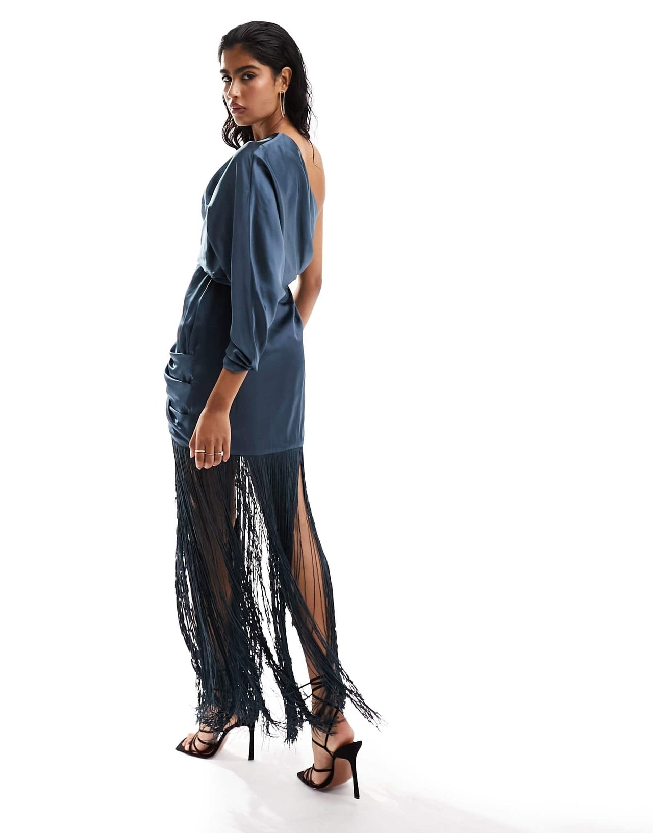 ASOS DESIGN satin one sleeve ruched maxi dress with fringe detail in blue
