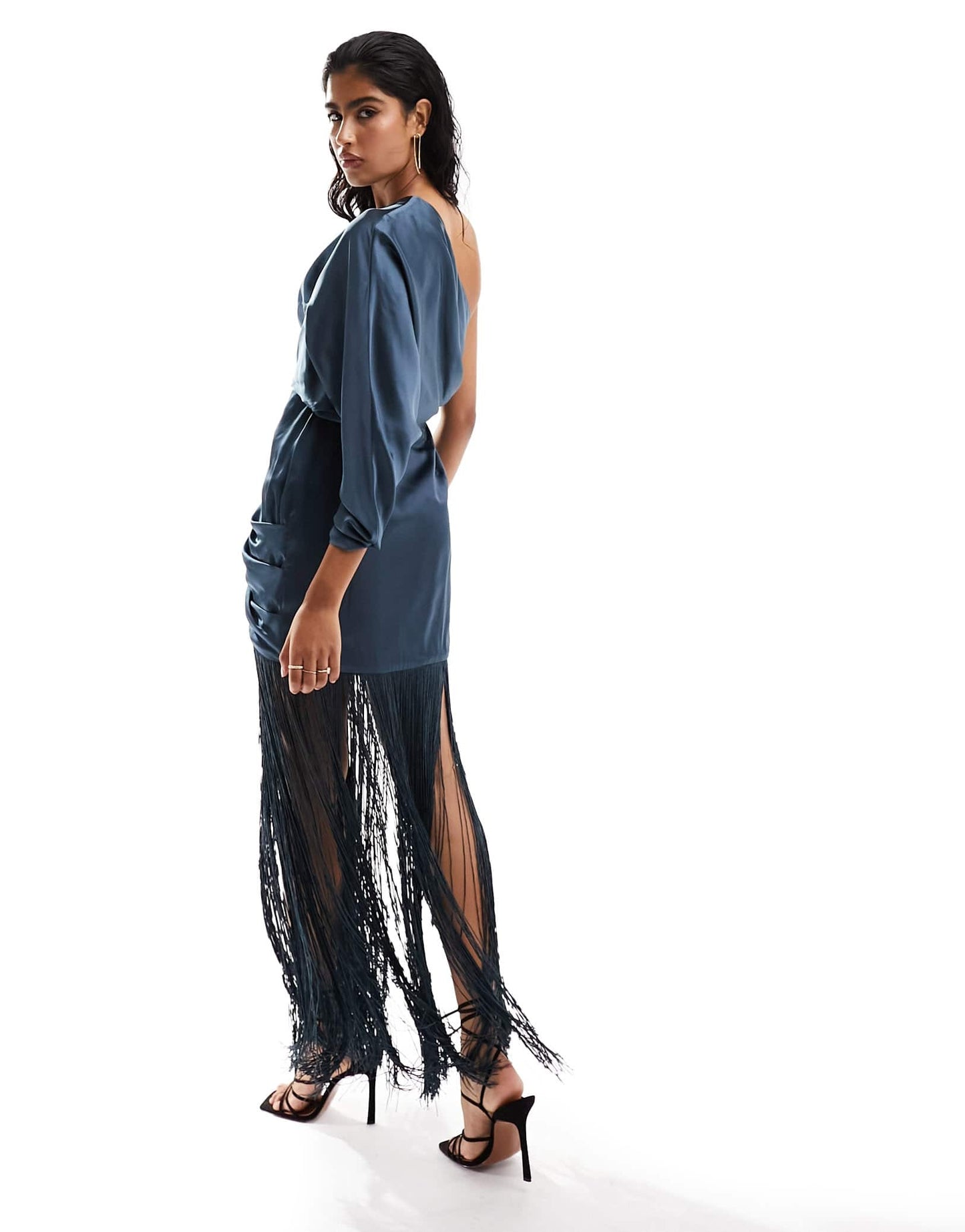 ASOS DESIGN satin one sleeve ruched maxi dress with fringe detail in blue