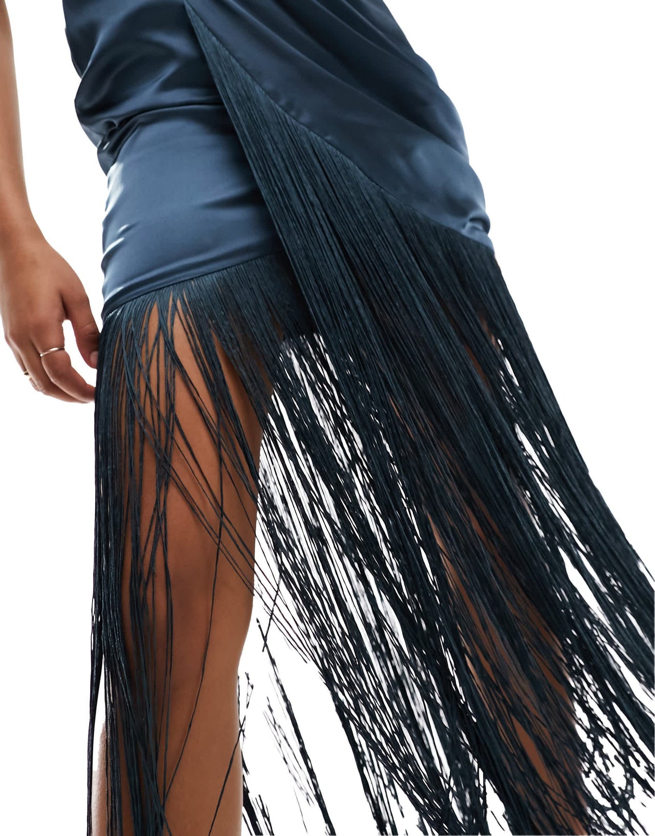 ASOS DESIGN satin one sleeve ruched maxi dress with fringe detail in blue