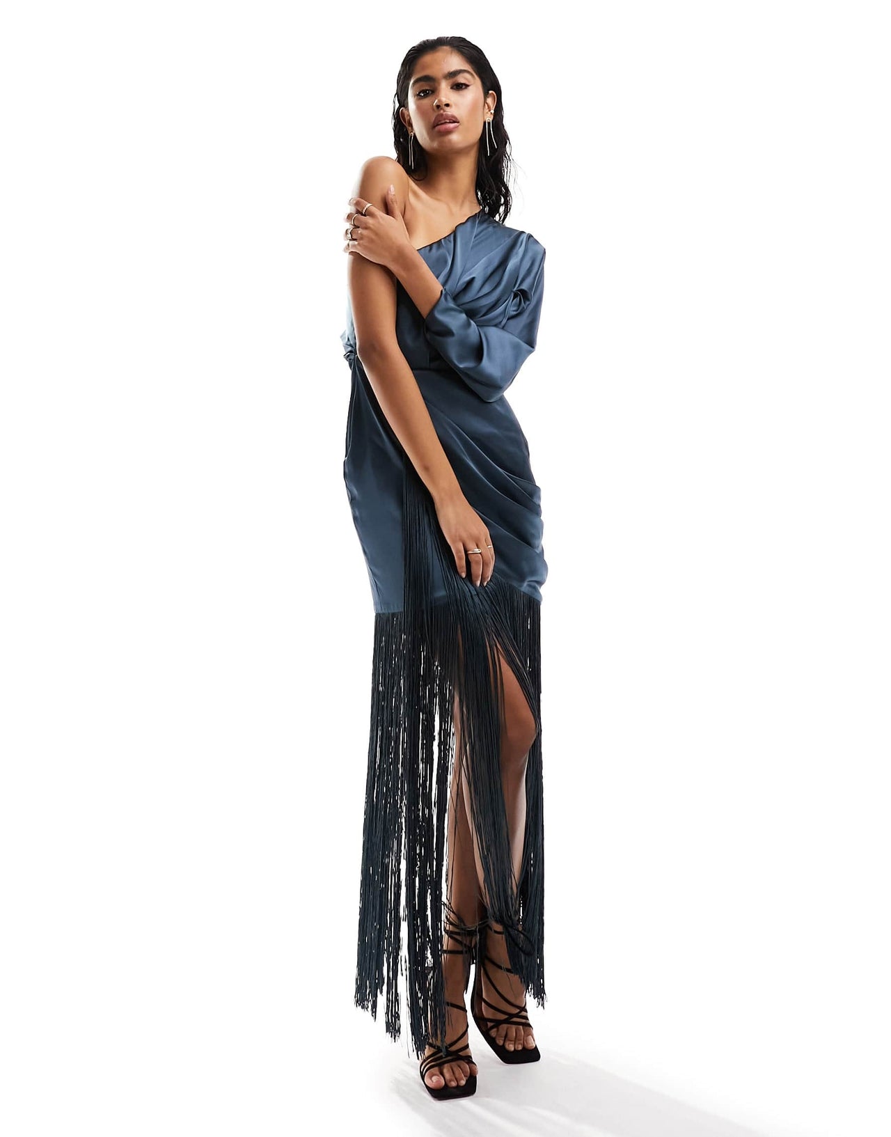 ASOS DESIGN satin one sleeve ruched maxi dress with fringe detail in blue