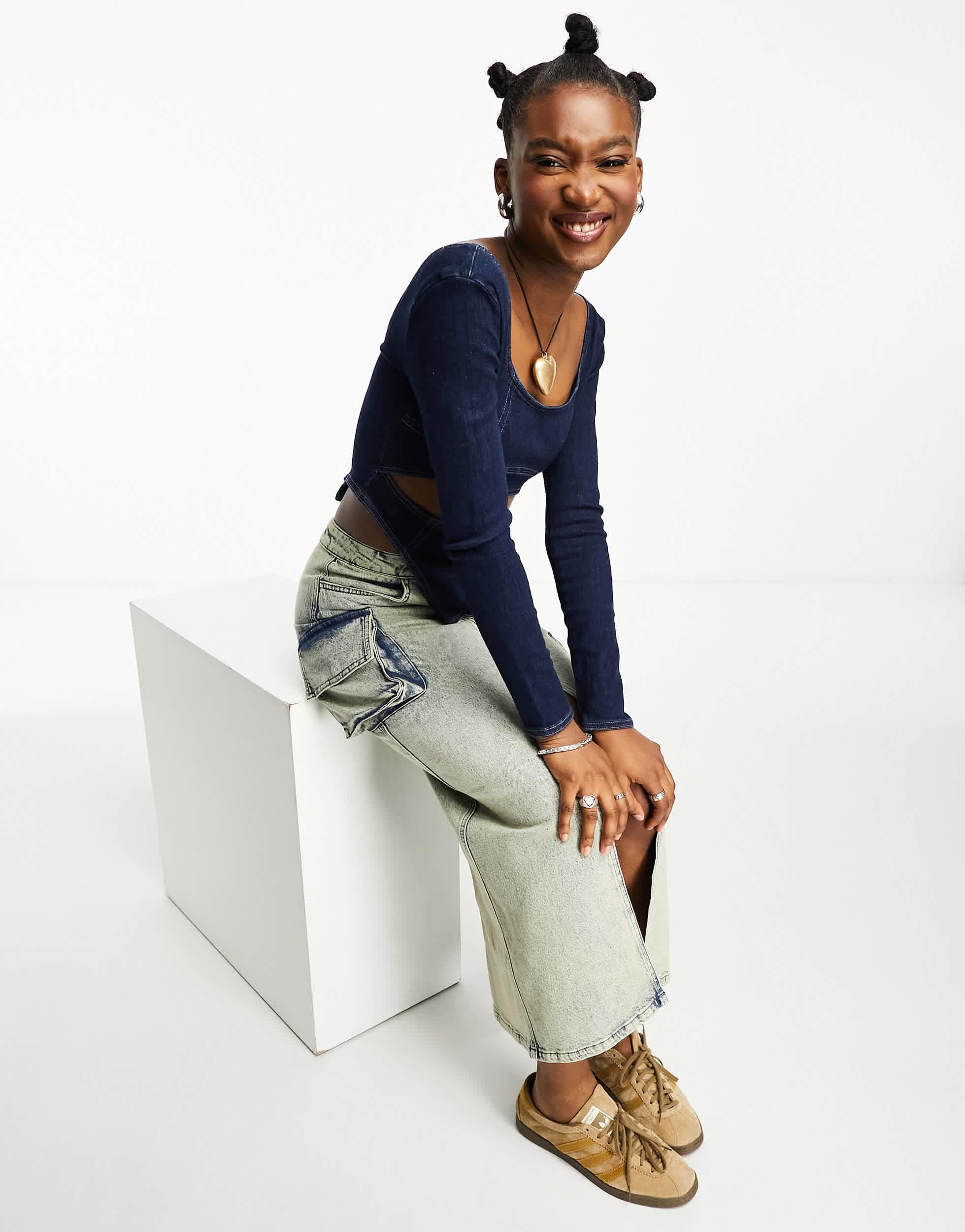 Bershka cut out front denim top in blue