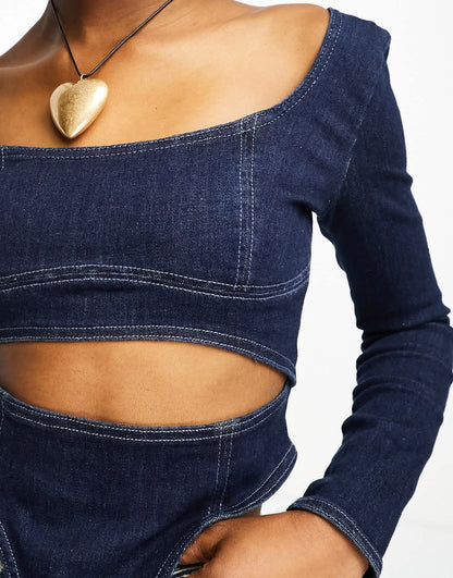 Bershka cut out front denim top in blue