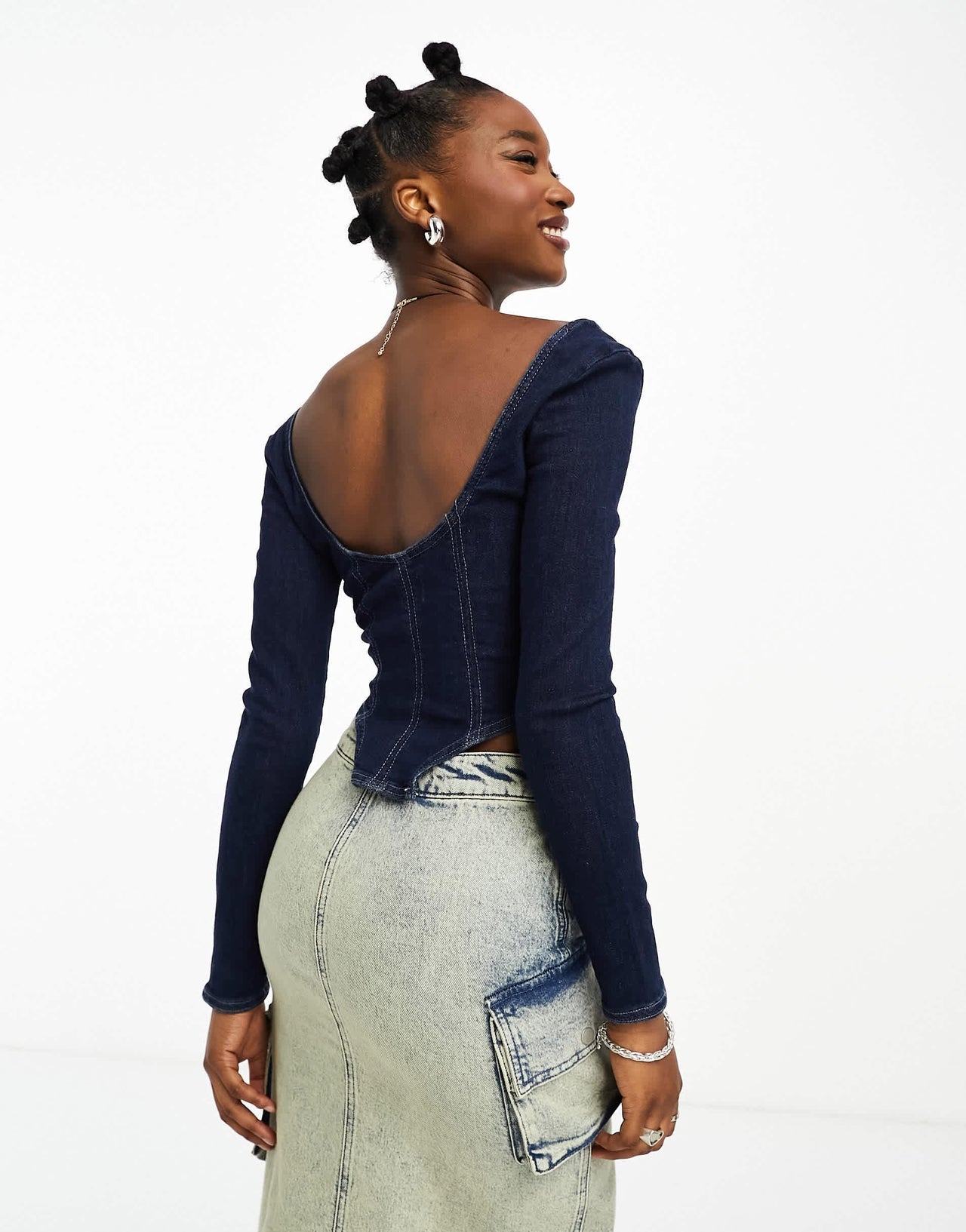 Bershka cut out front denim top in blue