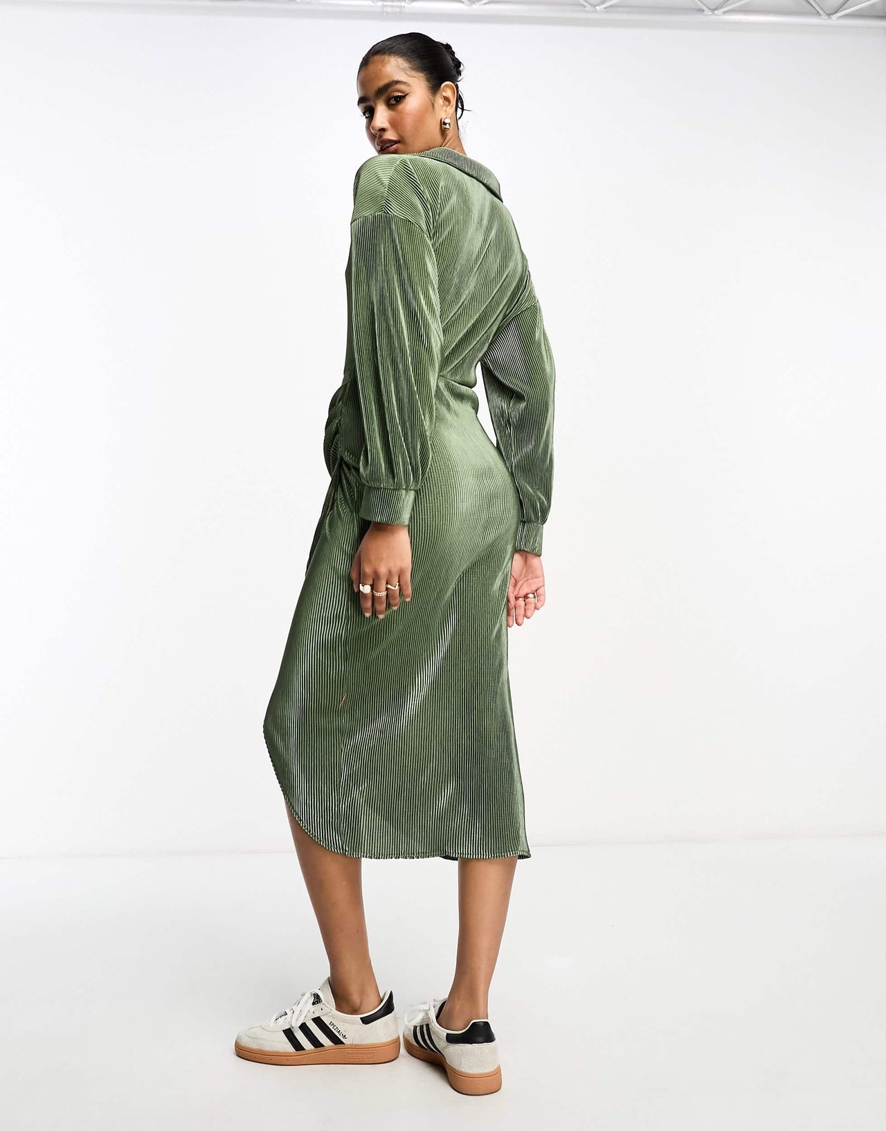 ASOS DESIGN plisse wrap collared midi dress in khaki