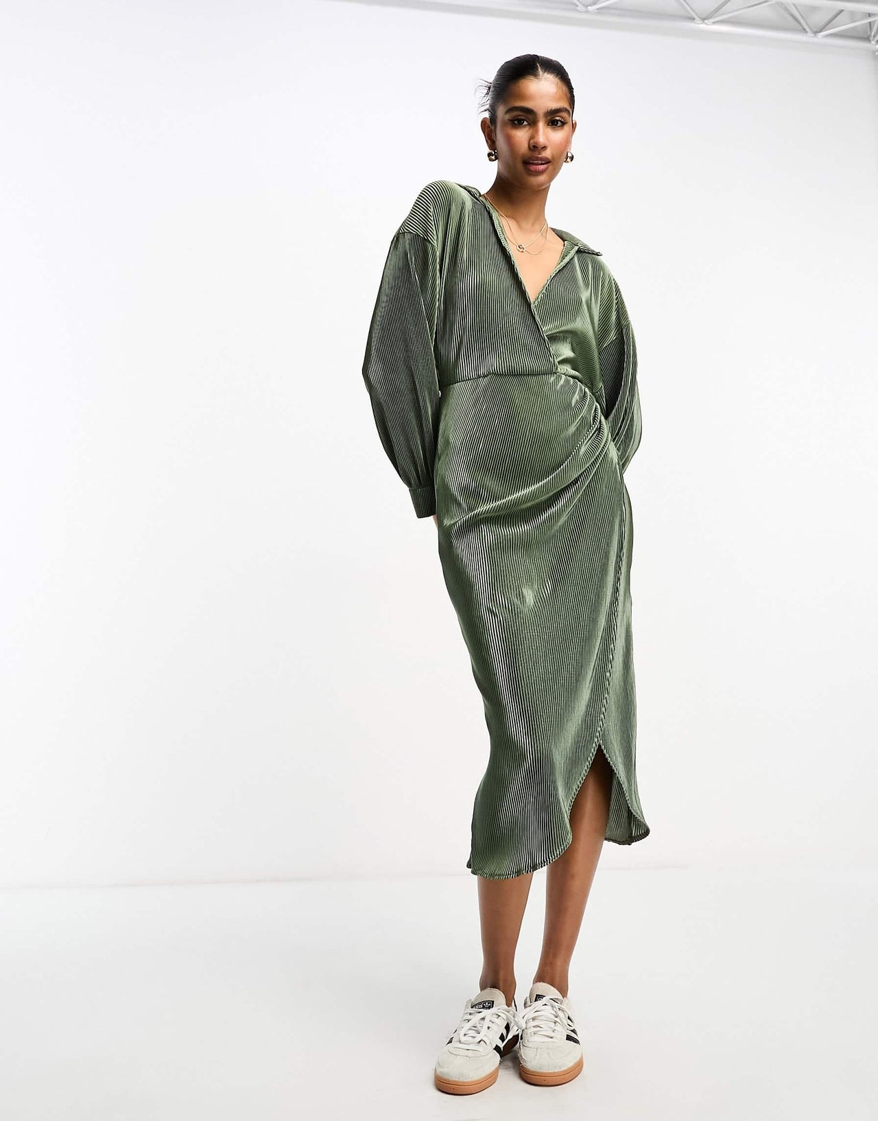 ASOS DESIGN plisse wrap collared midi dress in khaki