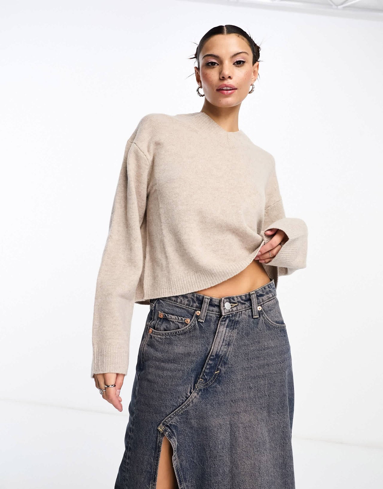 Weekday Reece high v neck wool jumper in beige melange