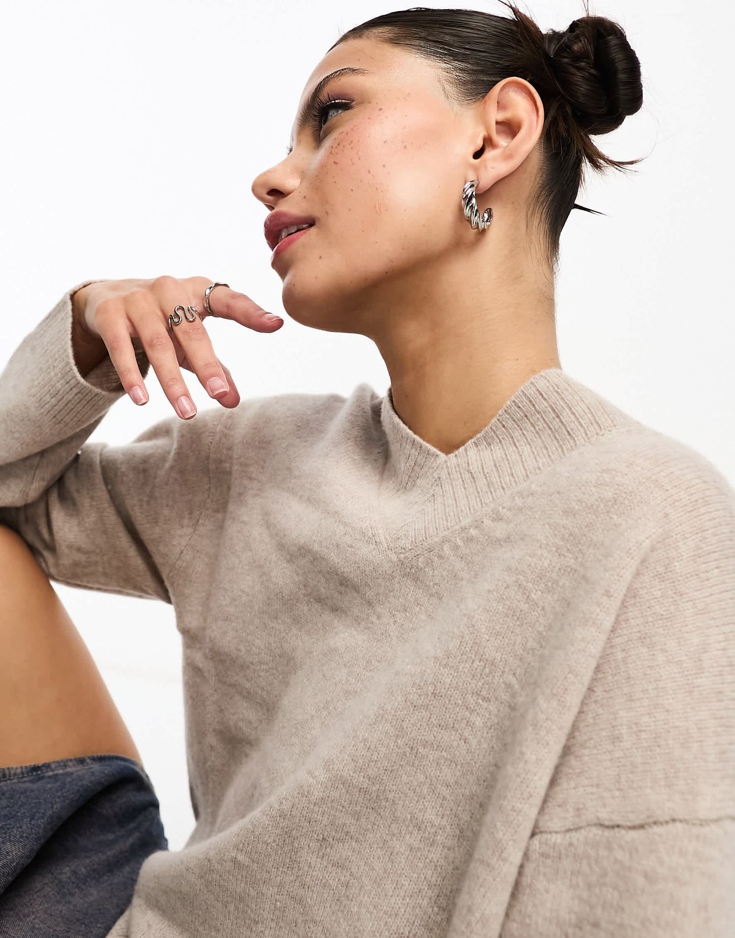 Weekday Reece high v neck wool jumper in beige melange