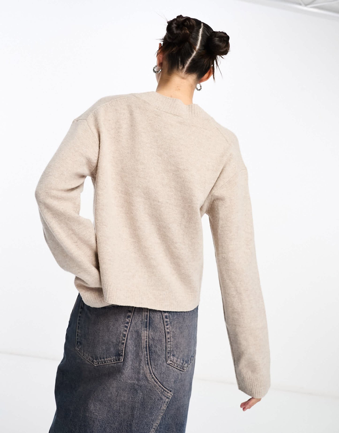 Weekday Reece high v neck wool jumper in beige melange
