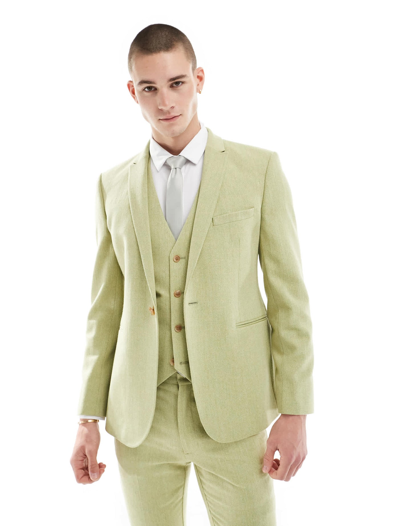 ASOS DESIGN wedding skinny wool mix suit jacket in olive basketweave texture