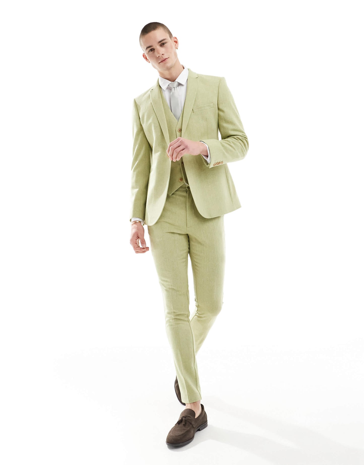 ASOS DESIGN wedding skinny wool mix suit jacket in olive basketweave texture