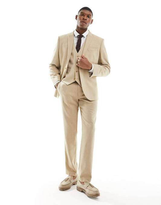 ASOS DESIGN wedding slim wool mix suit trouser in beige basketweave texture