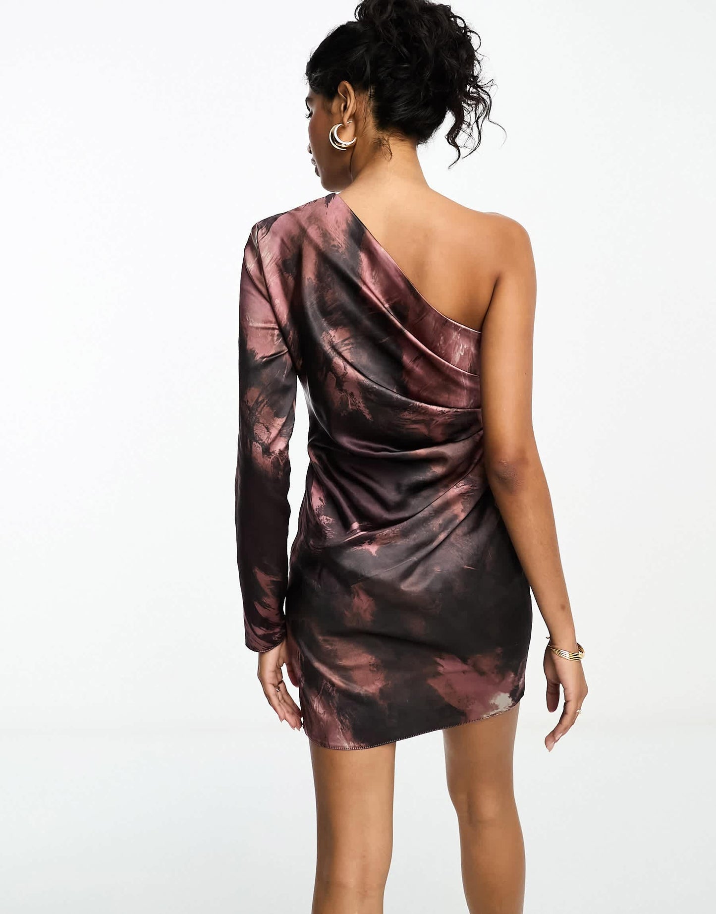 ASOS DESIGN satin one sleeve ruched mini dress in abstract print