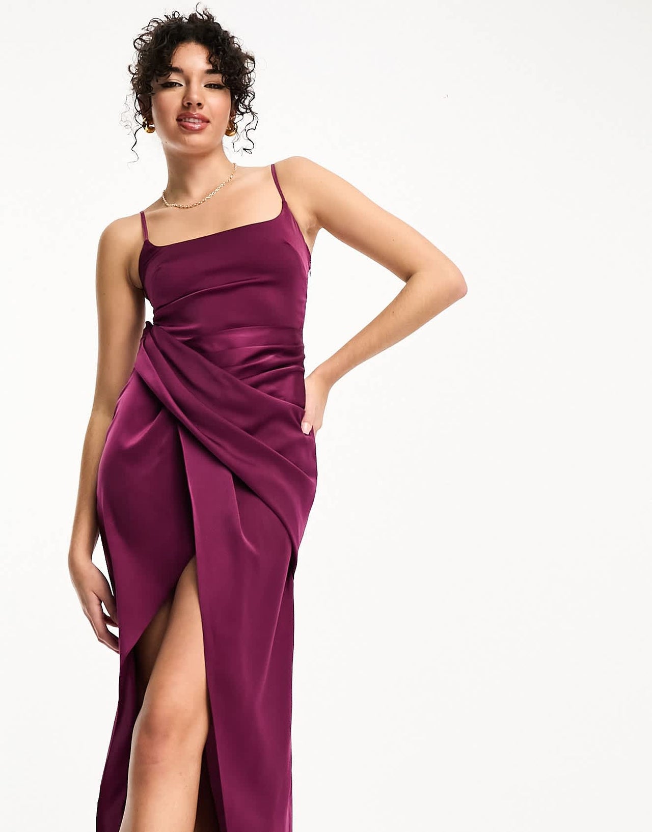 ASOS DESIGN Tall satin cami midi dress with drape skirt in plum