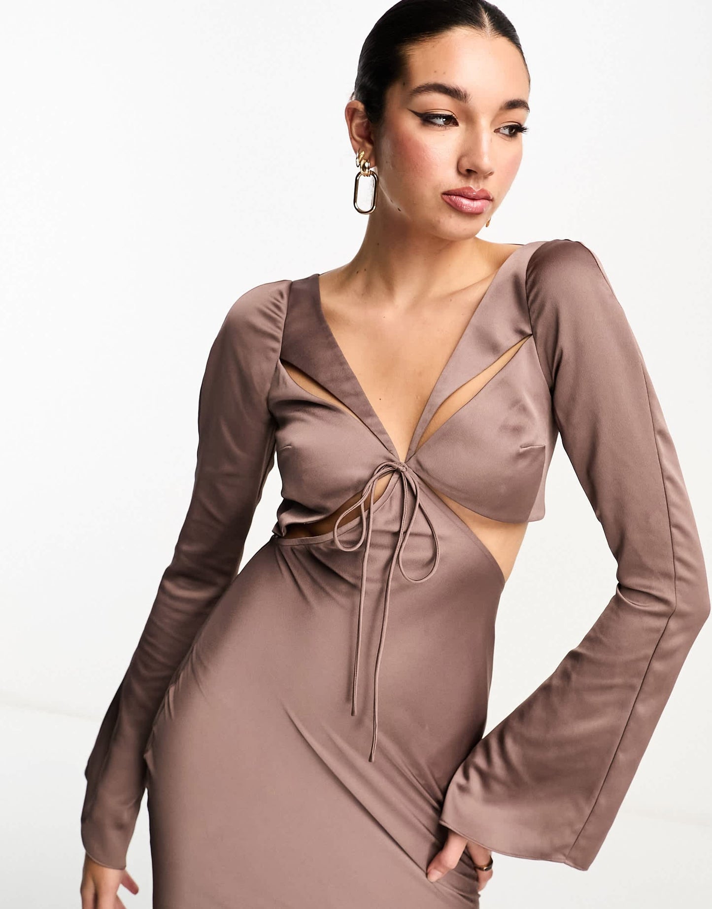 ASOS DESIGN Tall satin flare sleeve cut out maxi dress in mocha