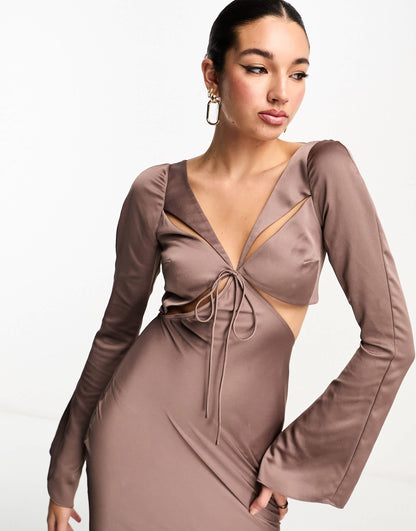 ASOS DESIGN Tall satin flare sleeve cut out maxi dress in mocha