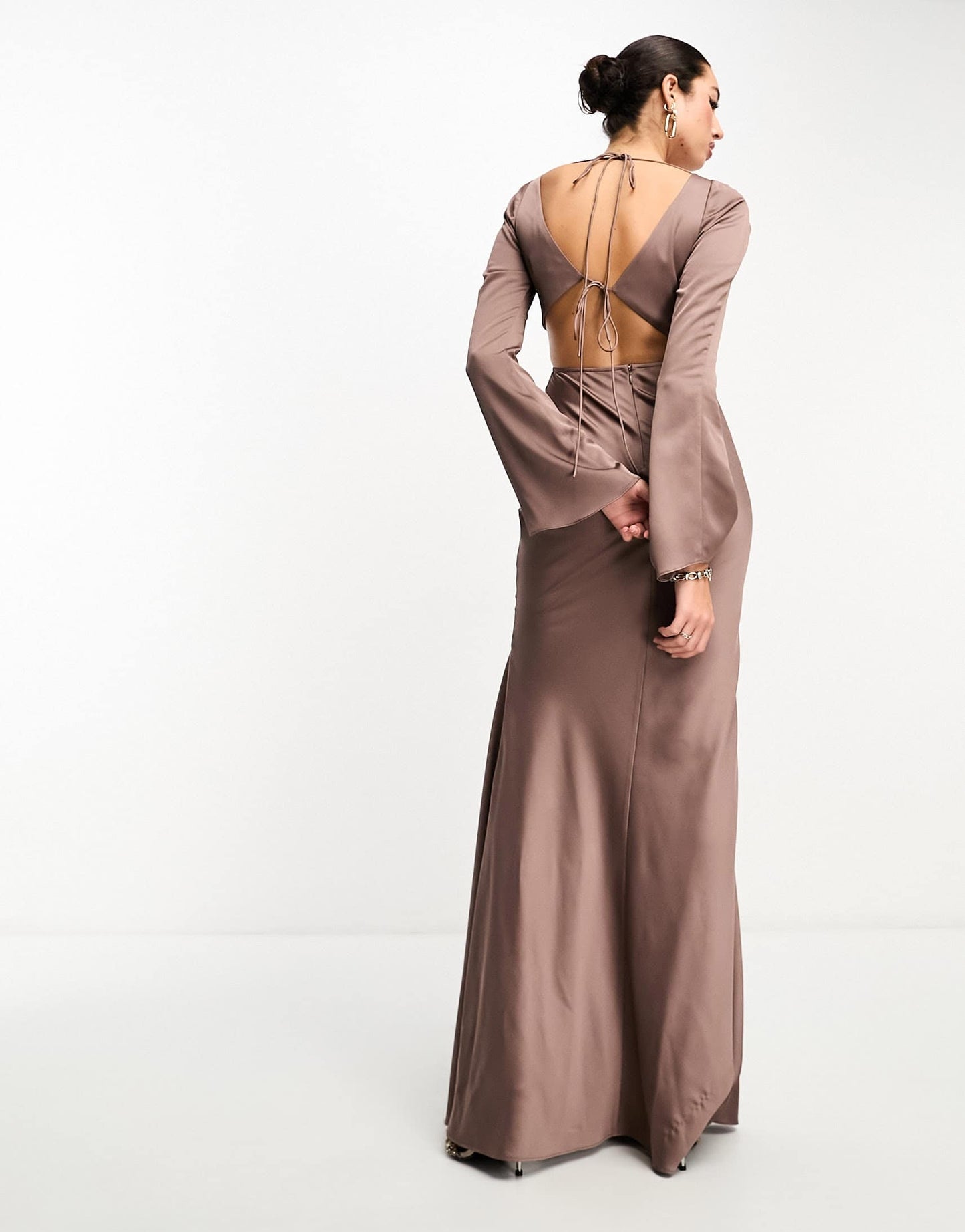 ASOS DESIGN Tall satin flare sleeve cut out maxi dress in mocha