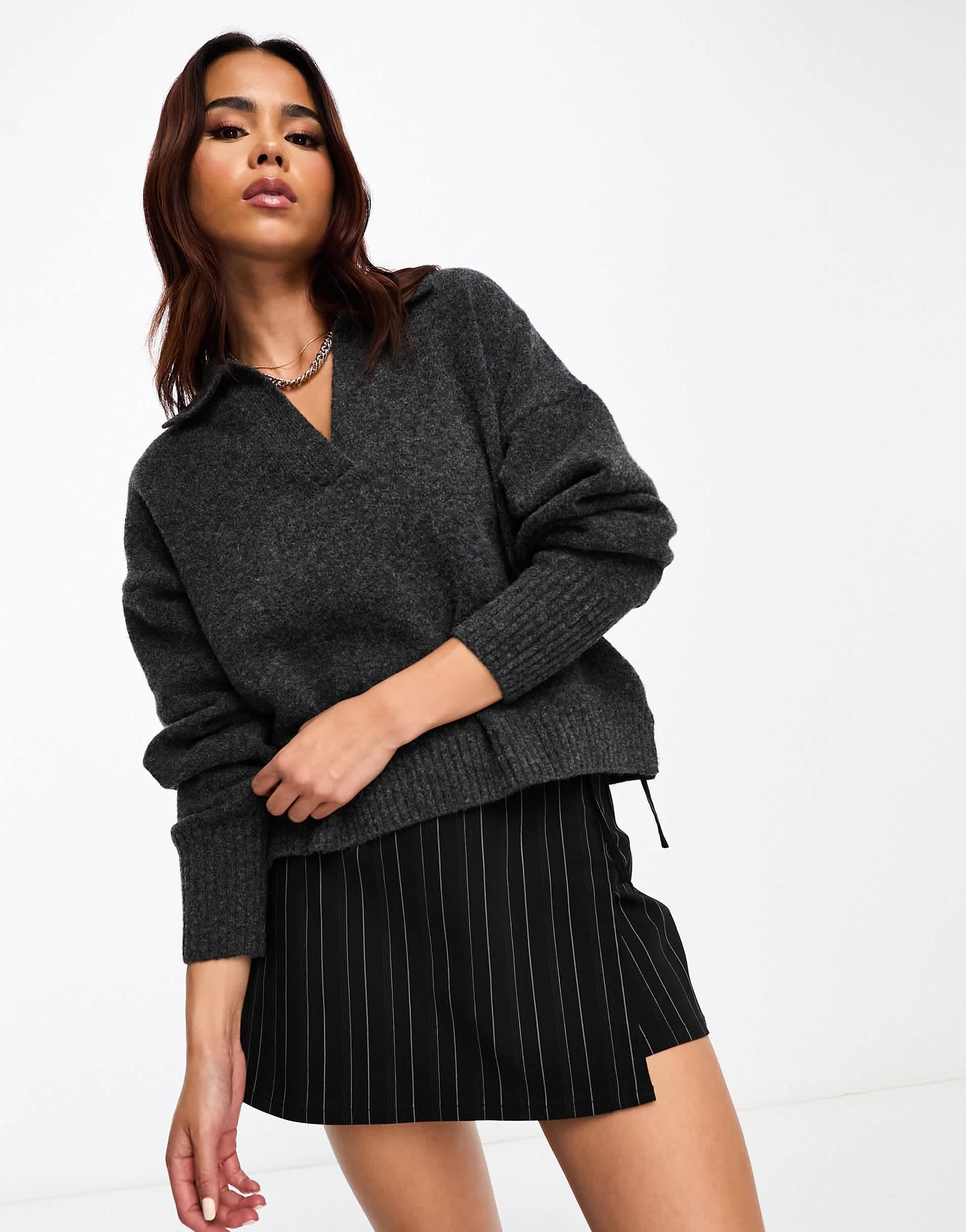 Monki long sleeve collar knitted sweater in dark grey