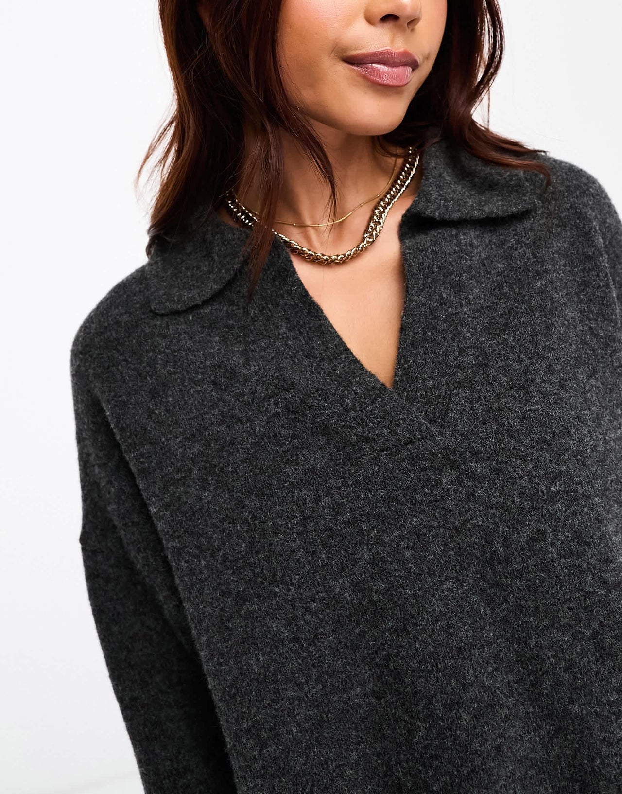 Monki long sleeve collar knitted sweater in dark grey