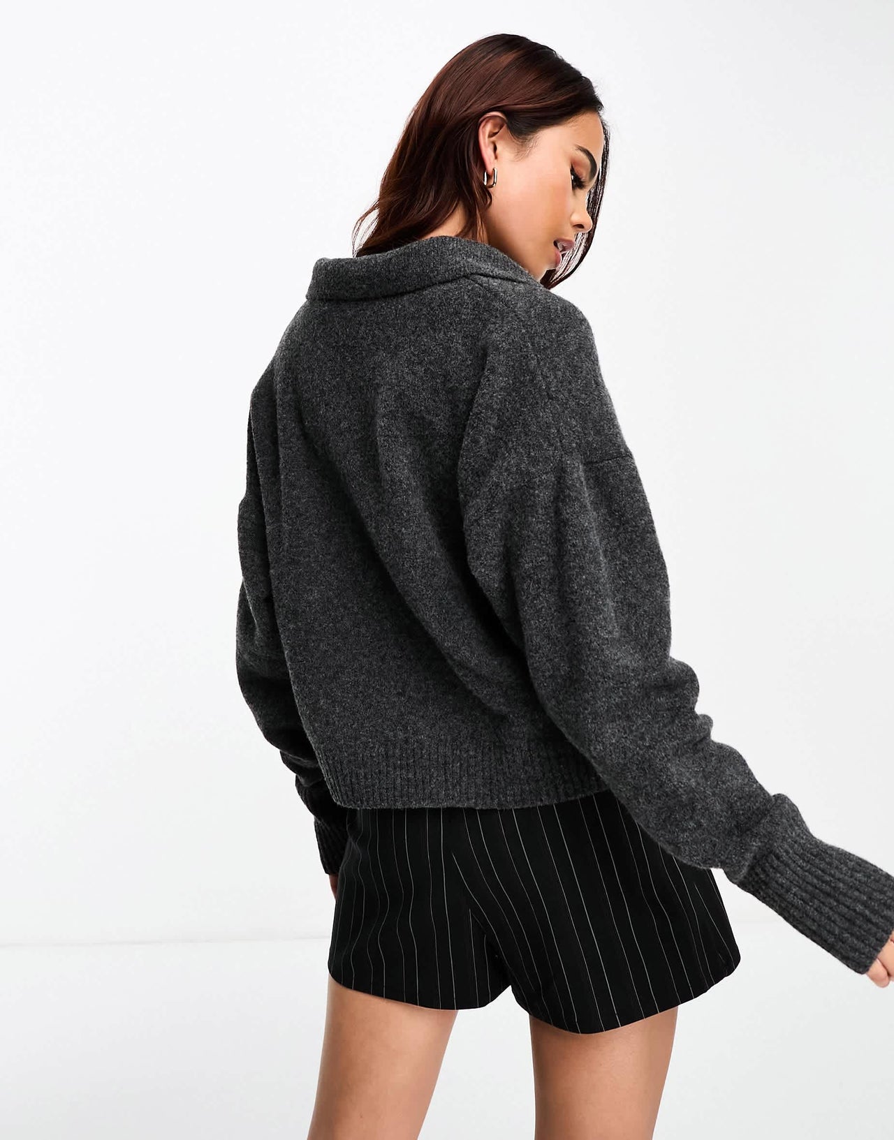 Monki long sleeve collar knitted sweater in dark grey