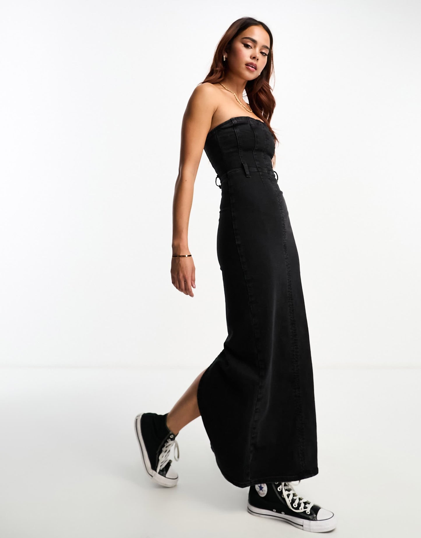 Pull&Bear bandeau denim maxi dress with split detail in black