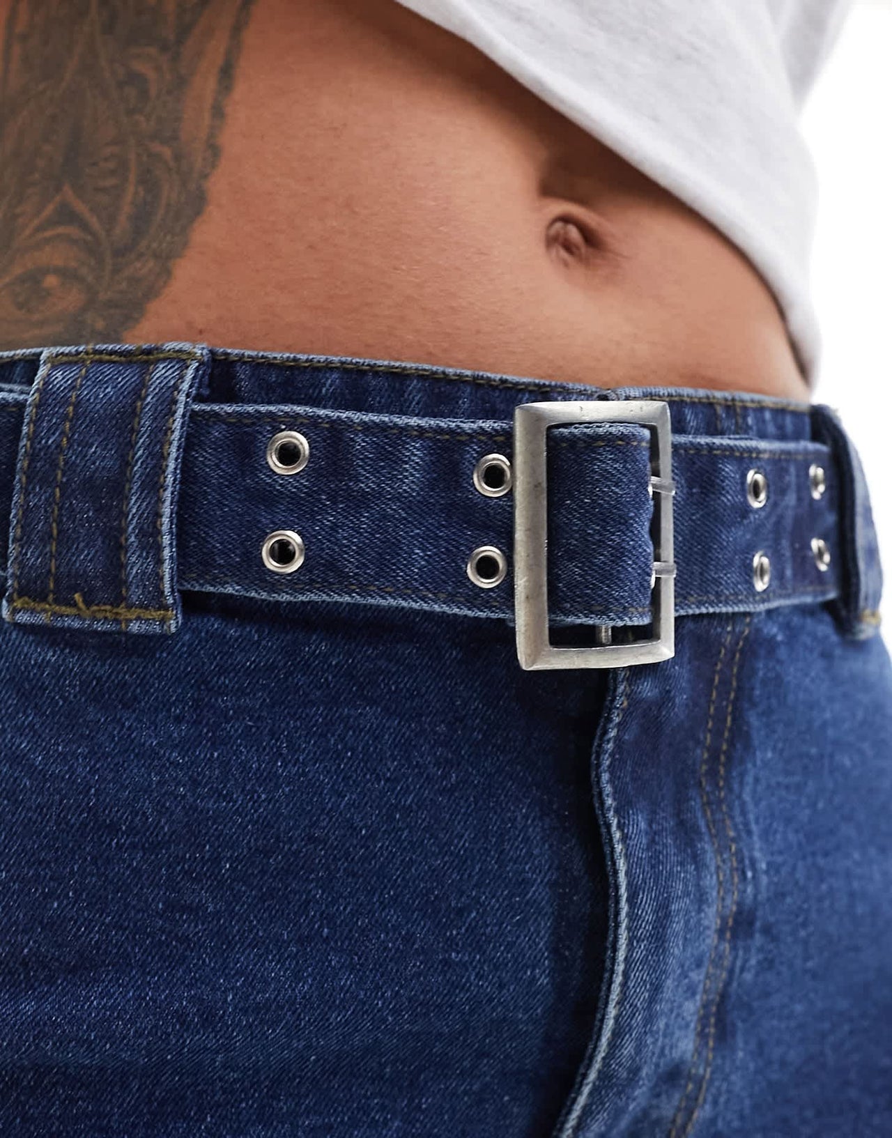 Urban Bliss buckle detail low rise bootleg jeans in mid wash blue