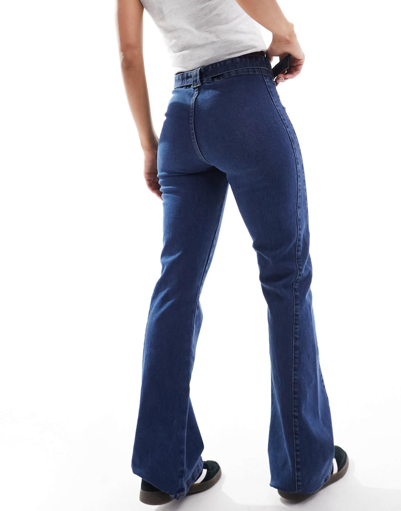 Urban Bliss buckle detail low rise bootleg jeans in mid wash blue