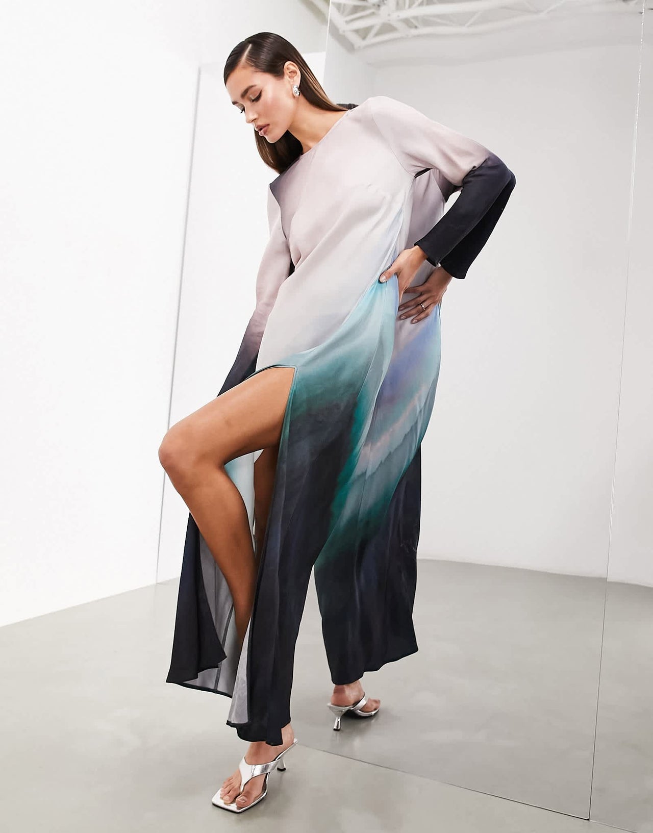 ASOS EDITION long sleeve bias cut maxi dress in placement  ombre print