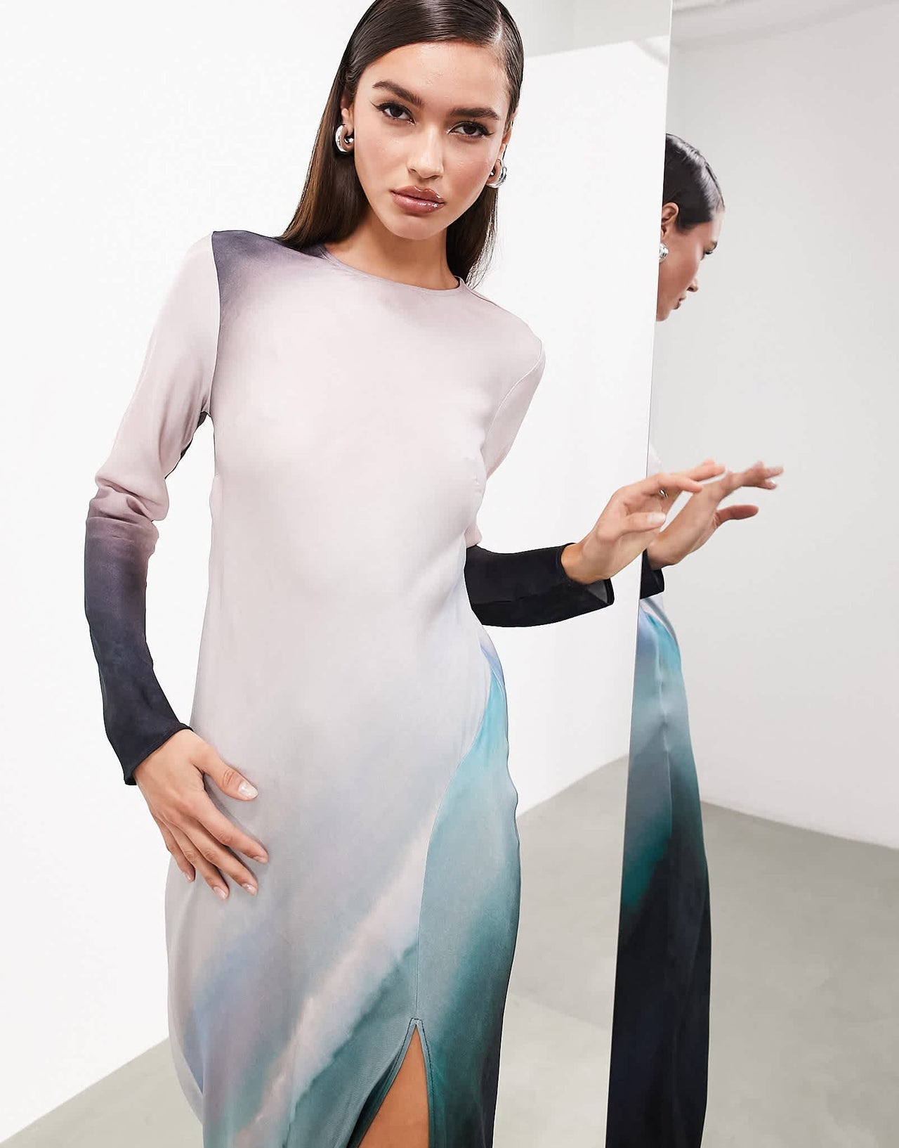 ASOS EDITION long sleeve bias cut maxi dress in placement  ombre print