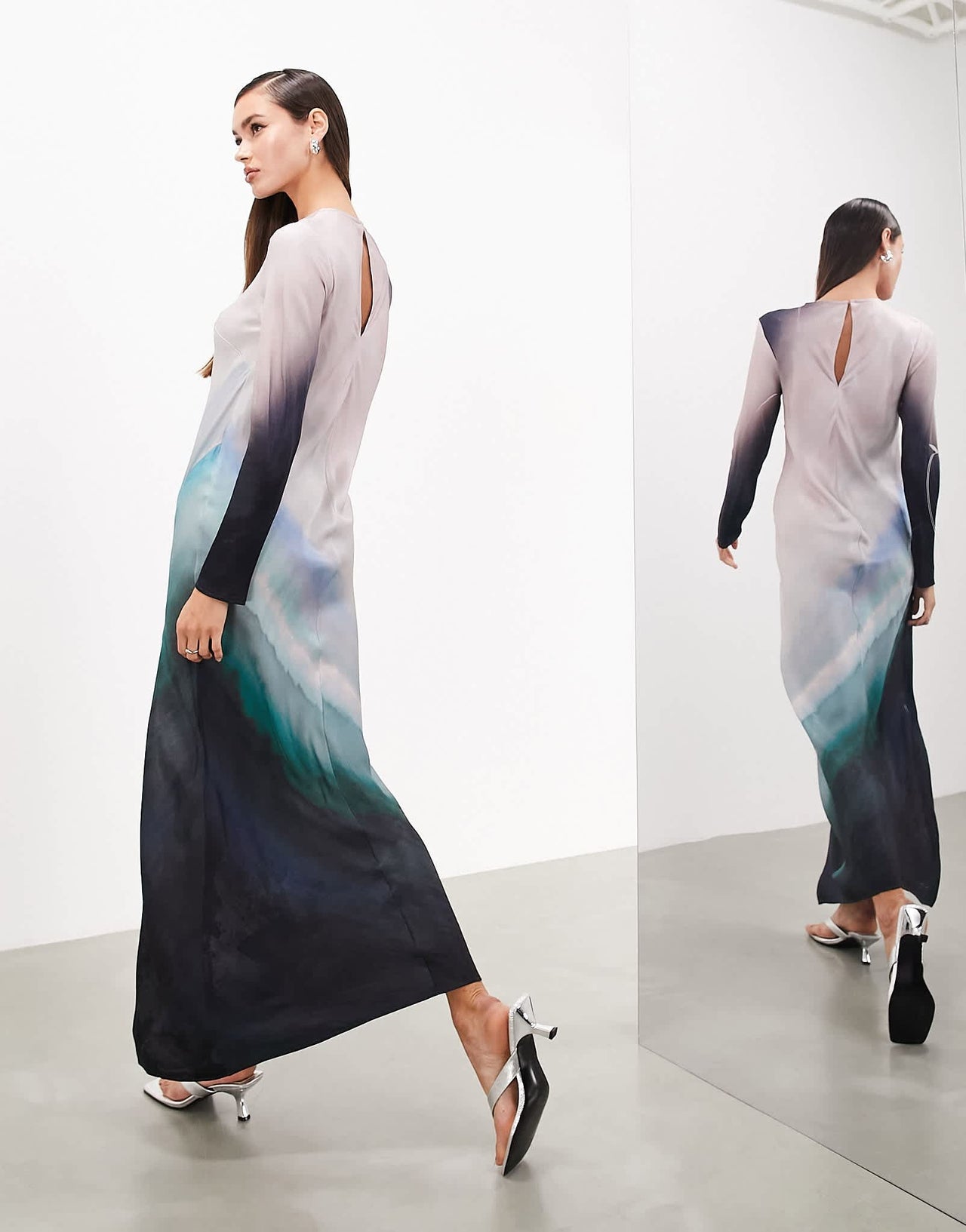 ASOS EDITION long sleeve bias cut maxi dress in placement  ombre print