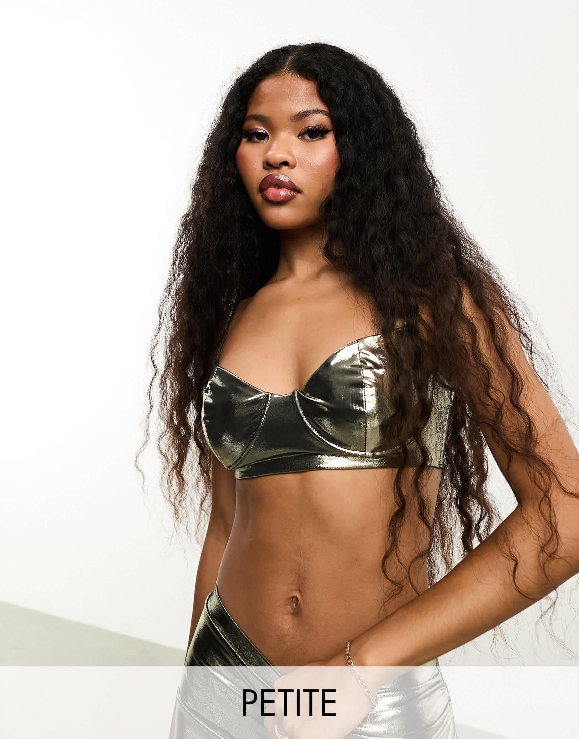 Jaded Rose Petite metallic cowl neck bralet co-ord in chrome