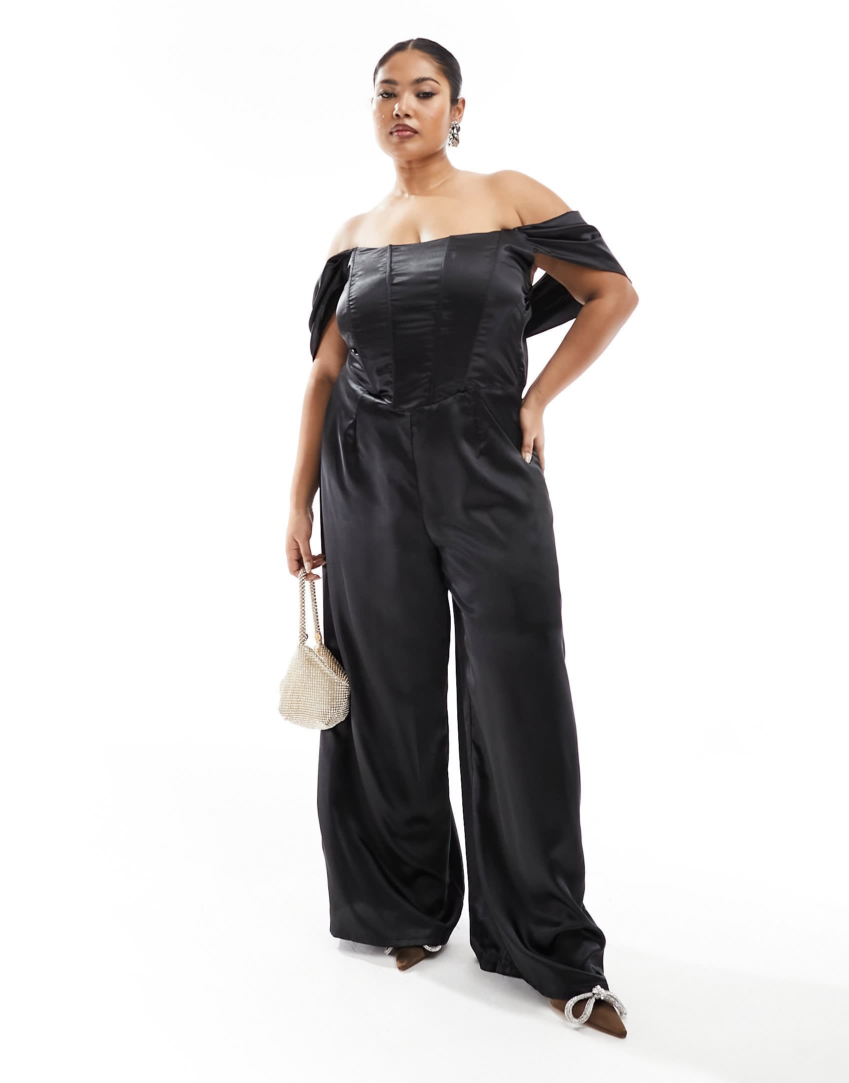 Jaded Rose Plus off shoulder satin corset jumpsuit in black
