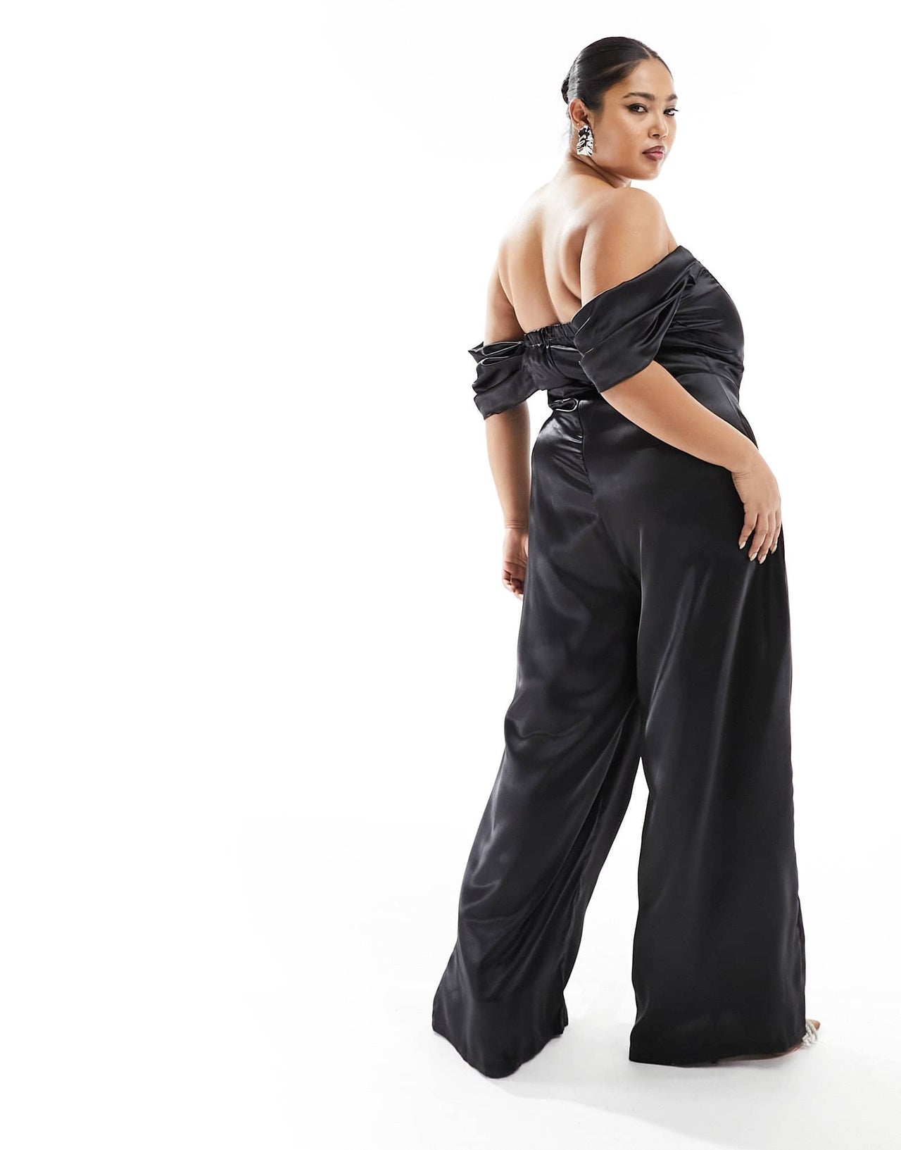 Jaded Rose Plus off shoulder satin corset jumpsuit in black