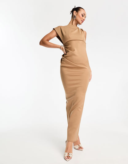 ASOS DESIGN asymmetric high neck minimal maxi dress in camel